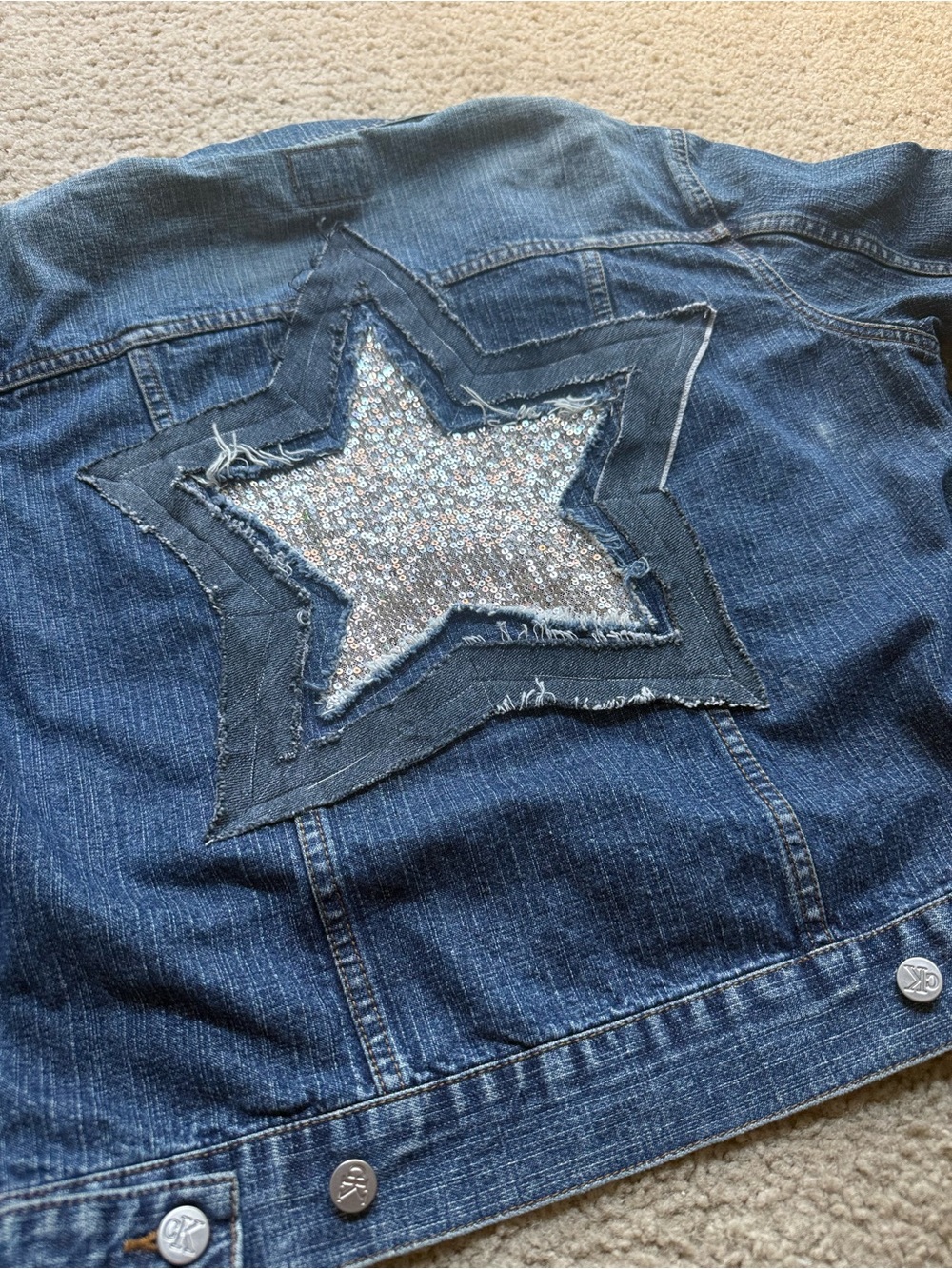 Calvin Klein Upcycled Denim Jacket L Sequin Star OOAK Reworked Jean Jacket - Picture 6 of 12